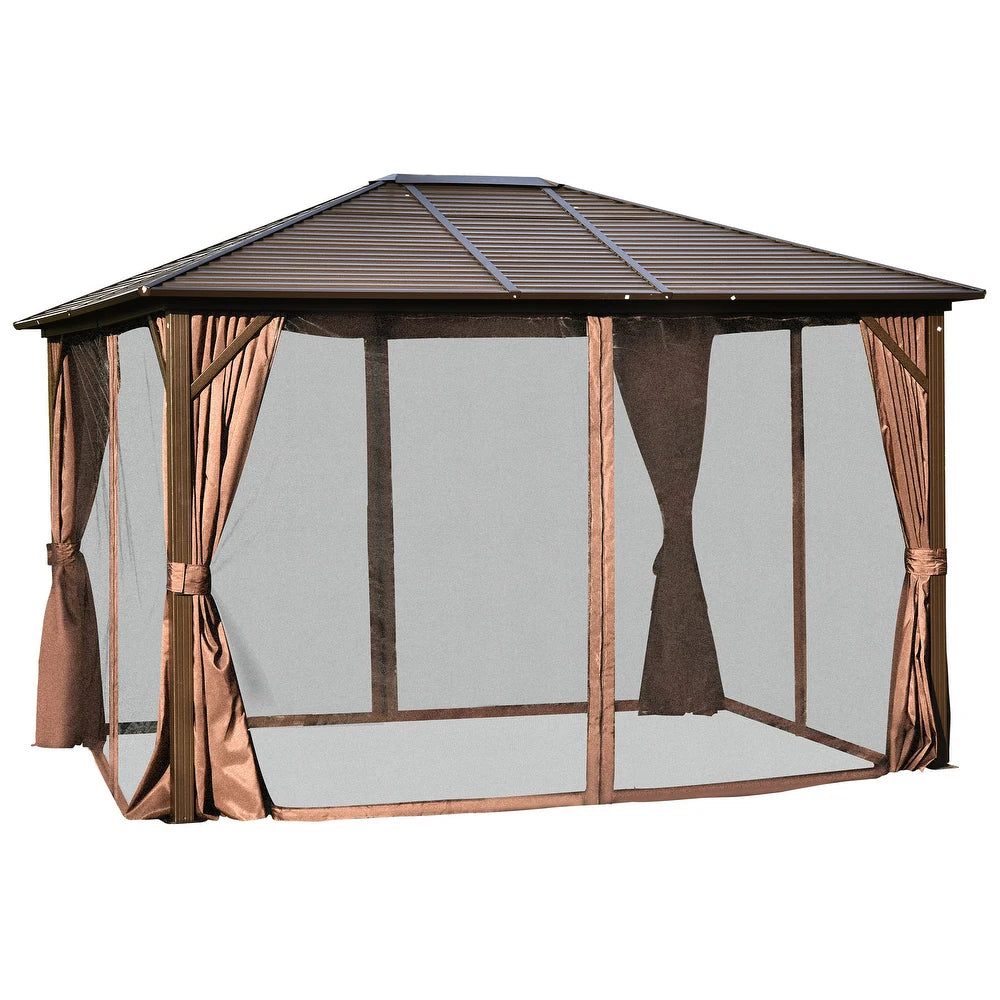 3x4m Aluminum Outdoor Gazebo with Curtains & Mosquito Net – Brown Weather-Resistant Patio Pavilion for Garden & Backyard