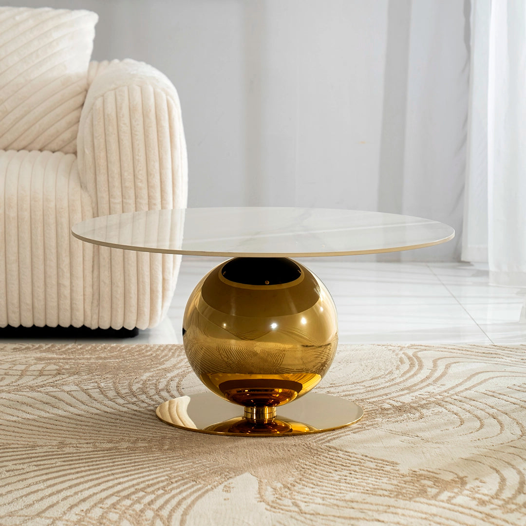 Coffee Table – Modern Round White & Gold Sintered Stone Design
