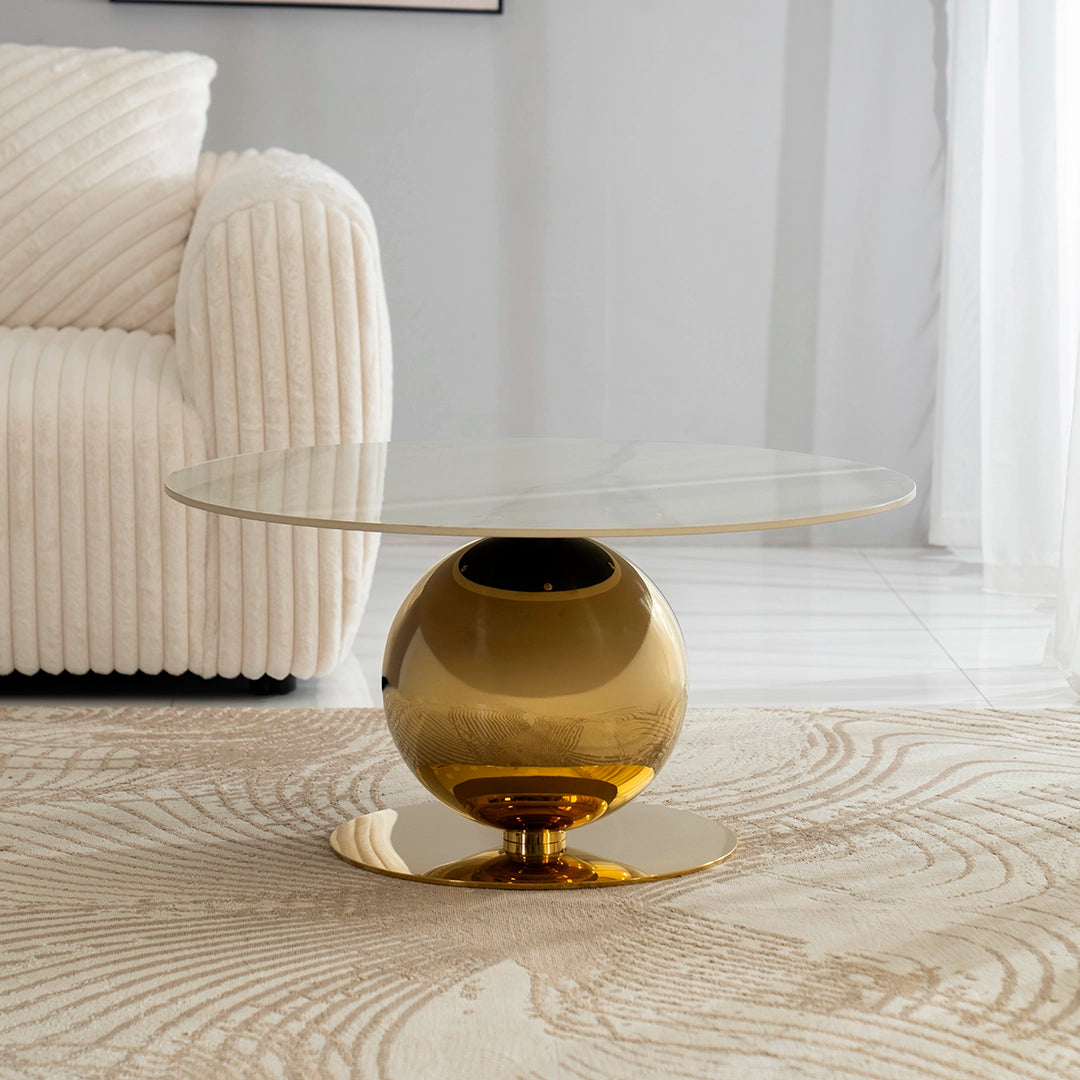 Coffee Table – Modern Round White & Gold Sintered Stone Design