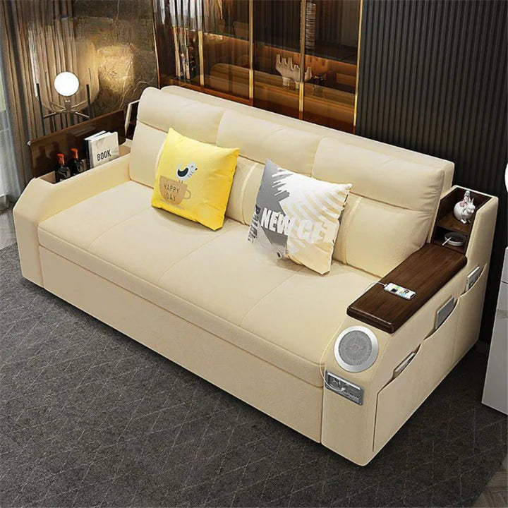 Modern 2-in-1 Extendable Sofa Bed with Storage, USB Ports, Bluetooth Speaker & Side Pockets | Velvet Convertible Daybed
