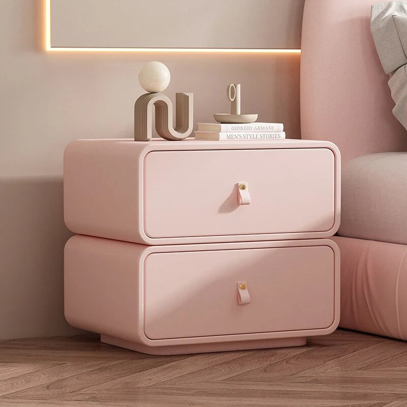 Modern Bedside Table with 2 Drawers | Upholstered Nightstand Storage Cabinet for Bedroom | Wooden Side Table in Pink, White, Gray & Off-White