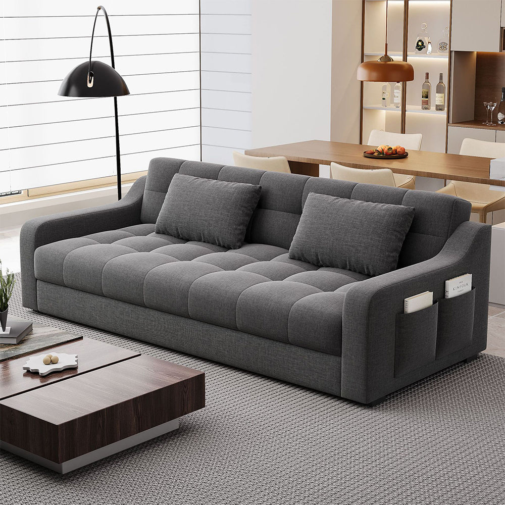2-in-1 Sofa Bed with Storage | Convertible Linen Sleeper Sofa with Solid Wood Frame & Throw Pillows