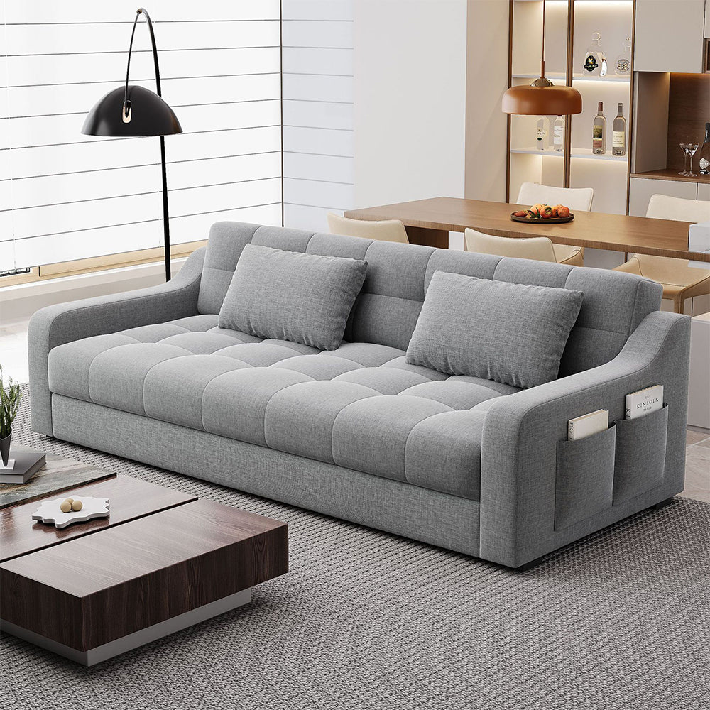 2-in-1 Sofa Bed with Storage | Convertible Linen Sleeper Sofa with Solid Wood Frame & Throw Pillows