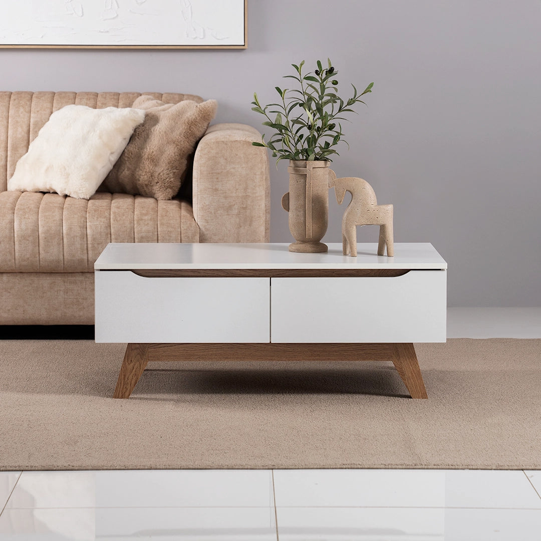Coffee Table with 2 Storage Drawers - White & Oak Wooden