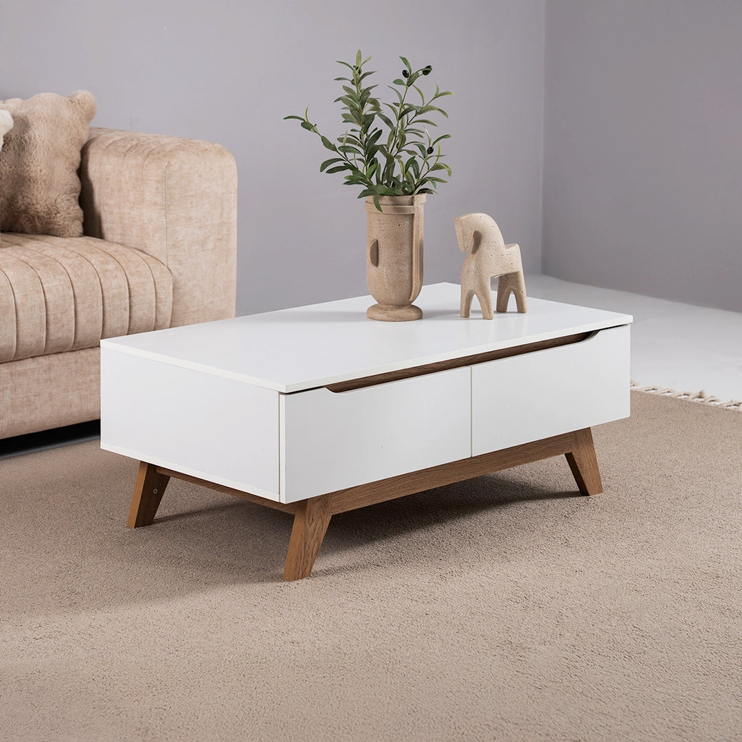 Coffee Table with 2 Storage Drawers - White & Oak Wooden
