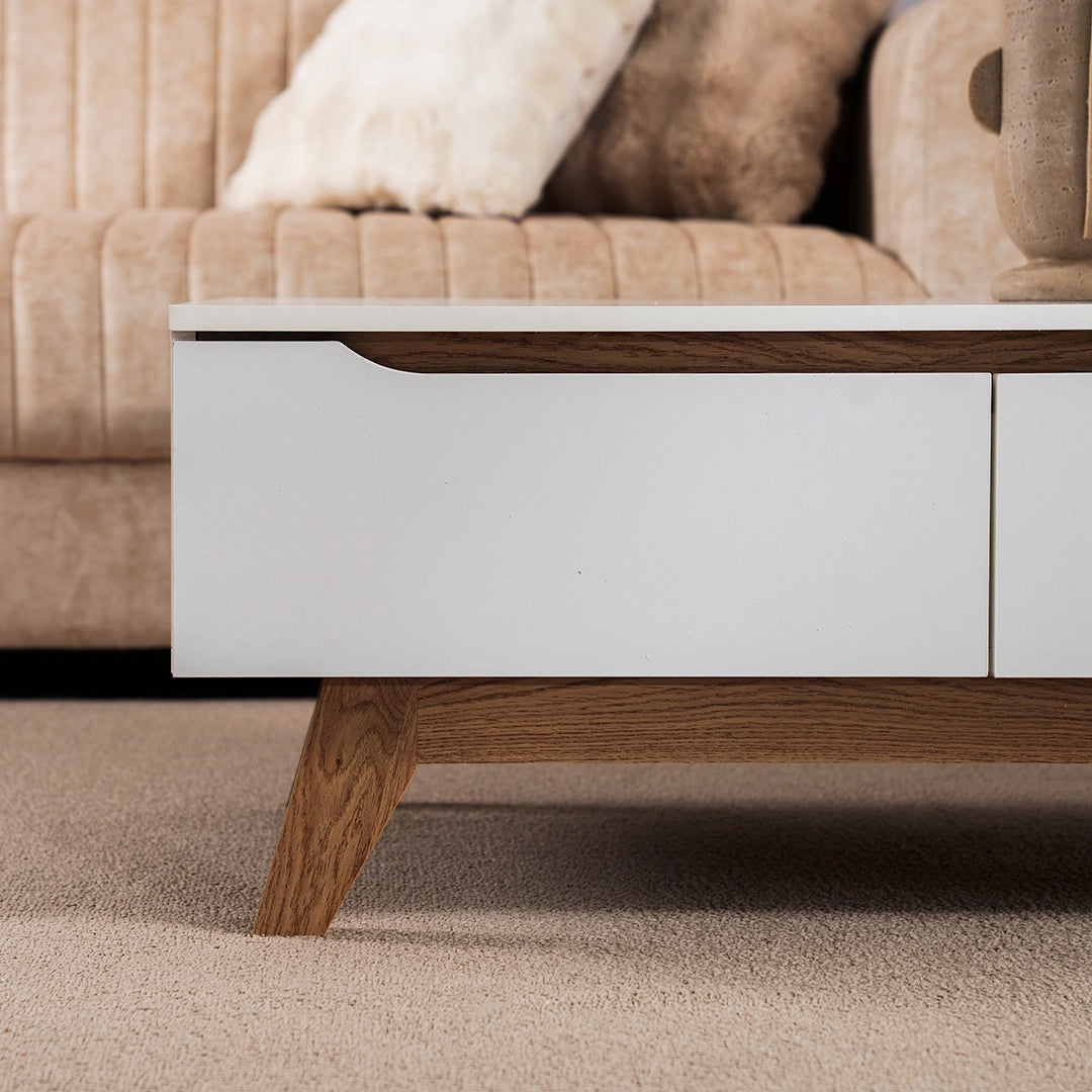 Coffee Table with 2 Storage Drawers - White & Oak Wooden