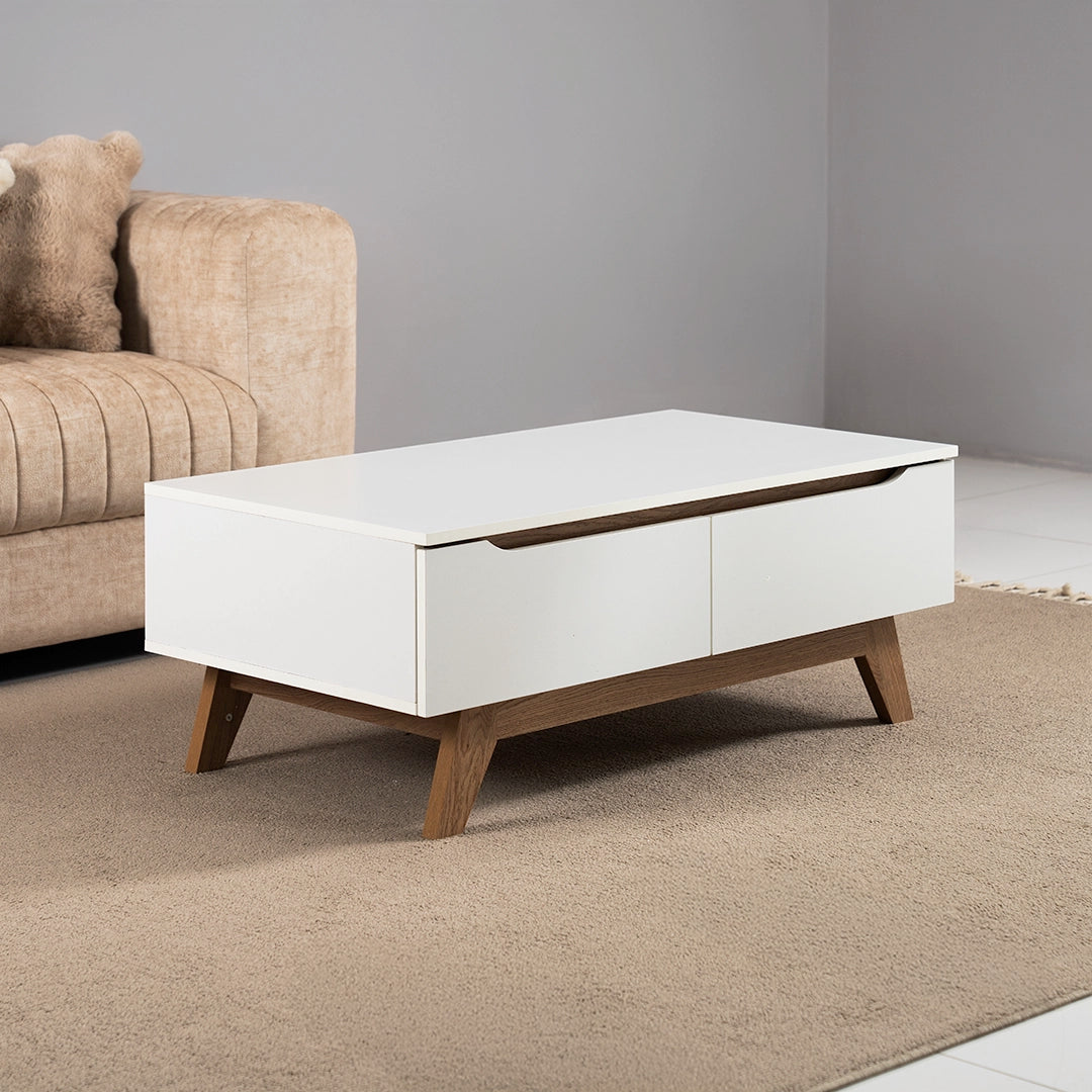 Coffee Table with 2 Storage Drawers - White & Oak Wooden