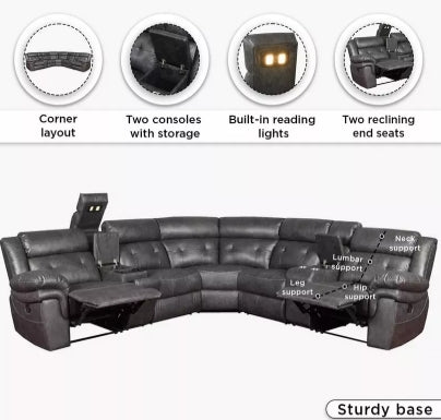 Luxury 5-Seater Sectional Fabric Corner Recliner Sofa with 2 Consoles