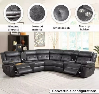 Luxury 5-Seater Sectional Fabric Corner Recliner Sofa with 2 Consoles