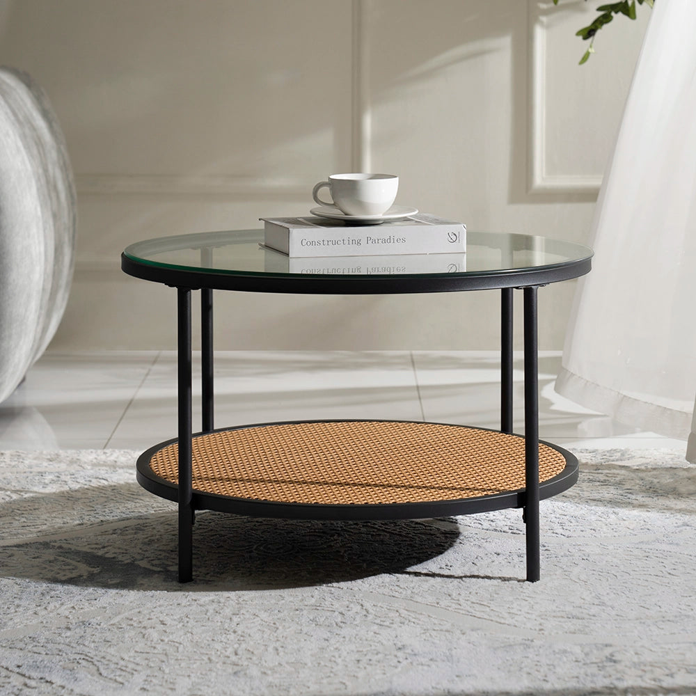 Round Walnut & Black Coffee Table with Tempered Glass Top and Metal Frame