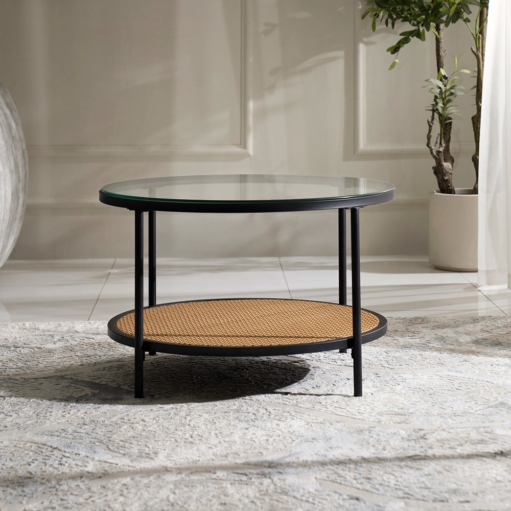 Round Walnut & Black Coffee Table with Tempered Glass Top and Metal Frame