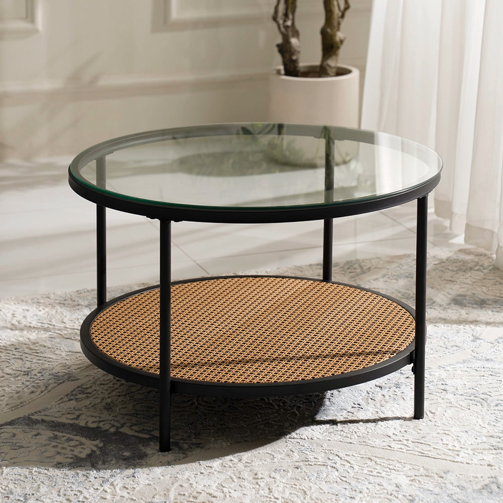 Round Walnut & Black Coffee Table with Tempered Glass Top and Metal Frame