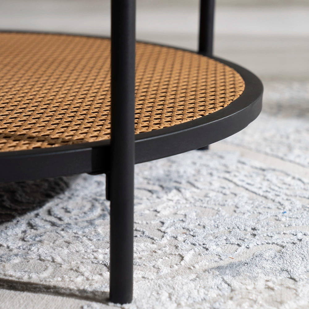 Round Walnut & Black Coffee Table with Tempered Glass Top and Metal Frame