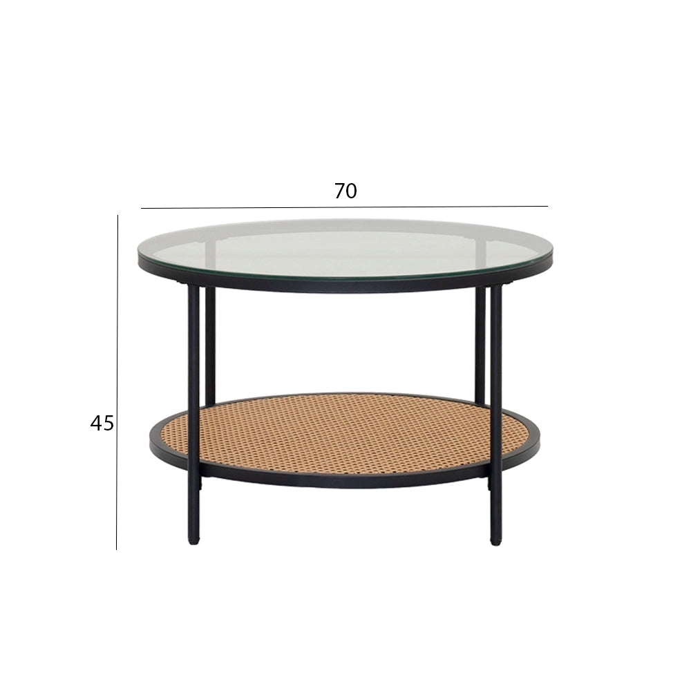 Round Walnut & Black Coffee Table with Tempered Glass Top and Metal Frame