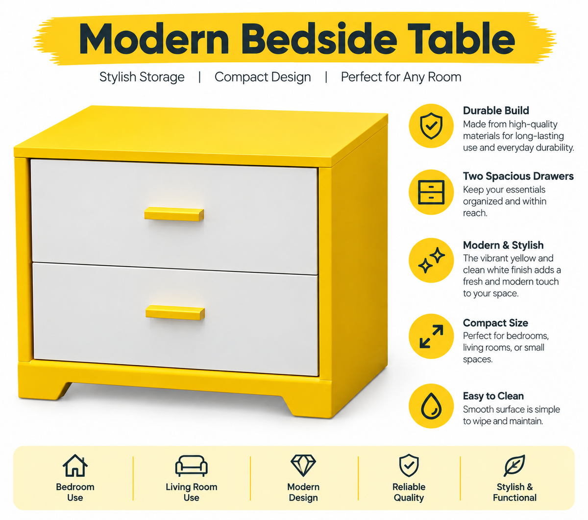Modern Yellow & White Two-Drawer Bedside Table