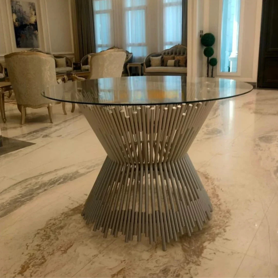 Luxury Metallic Finish Tempered Glass Top Prism Dining Table