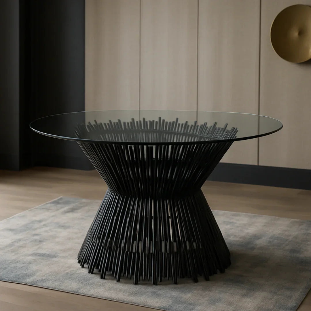 Luxury Metallic Finish Tempered Glass Top Prism Dining Table