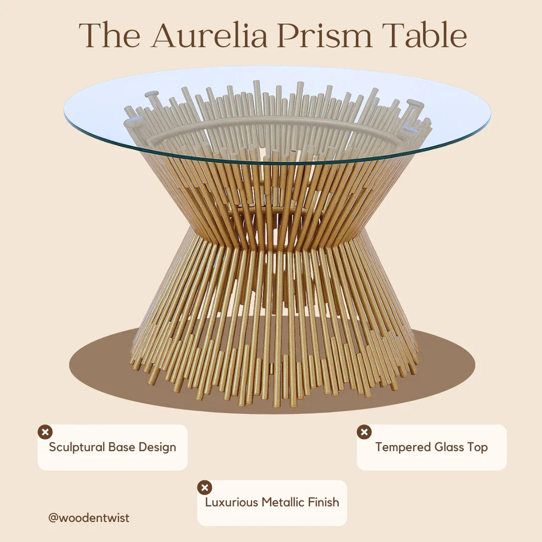 Luxury Metallic Finish Tempered Glass Top Prism Dining Table