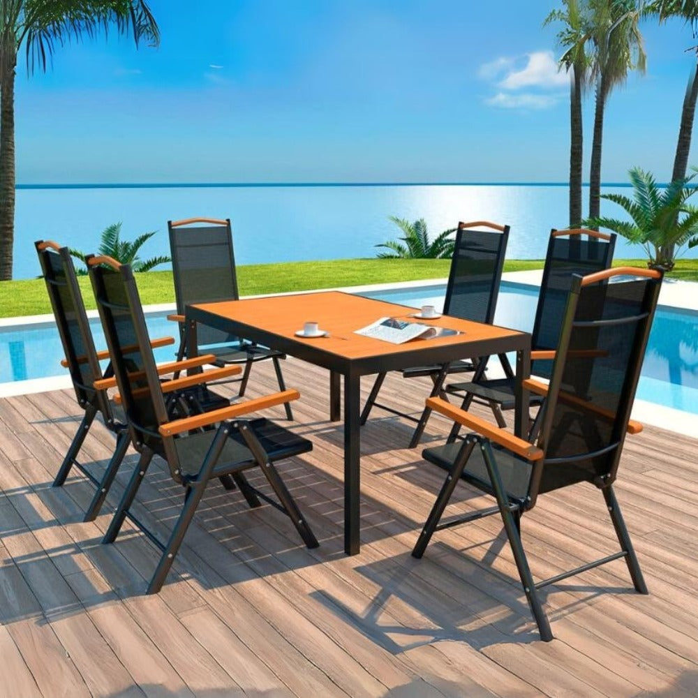 All-Weather Resistant Aluminum Frame WPC 6-Seater Outdoor Dining Set with Foldable Chairs for Garden and Backyard-GCC Home Center