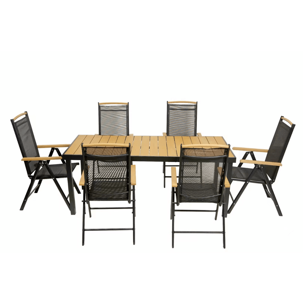All-Weather Resistant Aluminum Frame WPC 6-Seater Outdoor Dining Set with Foldable Chairs for Garden and Backyard-GCC Home Center