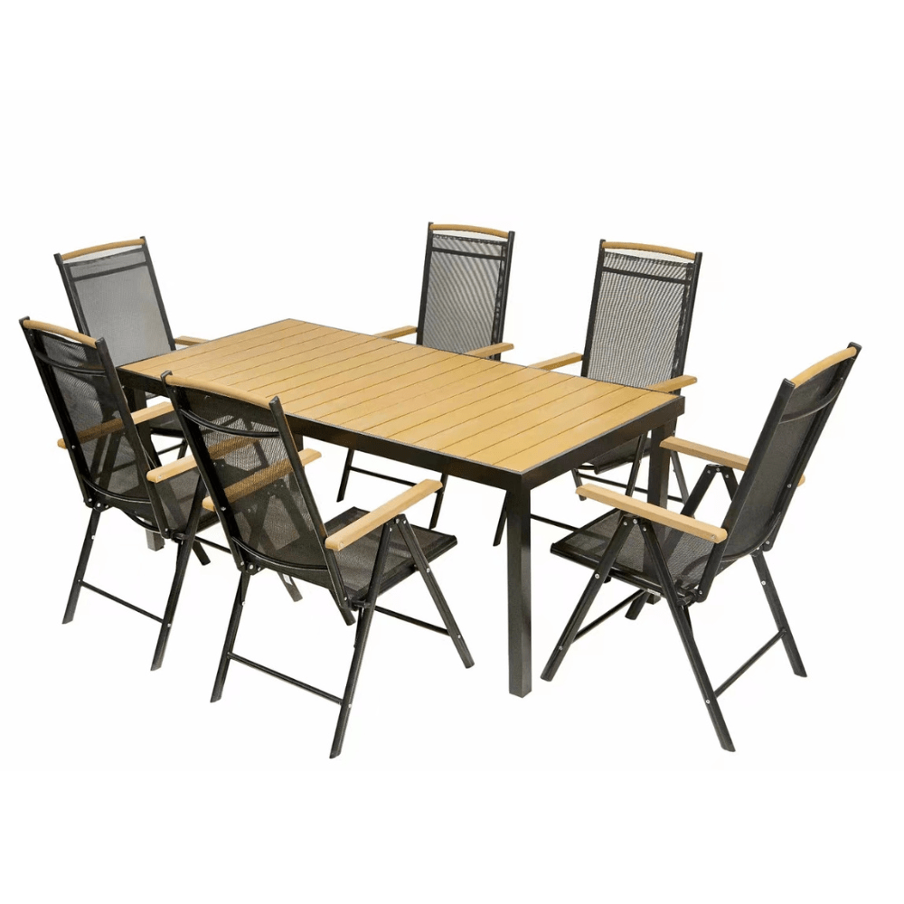 All-Weather Resistant Aluminum Frame WPC 6-Seater Outdoor Dining Set with Foldable Chairs for Garden and Backyard-GCC Home Center