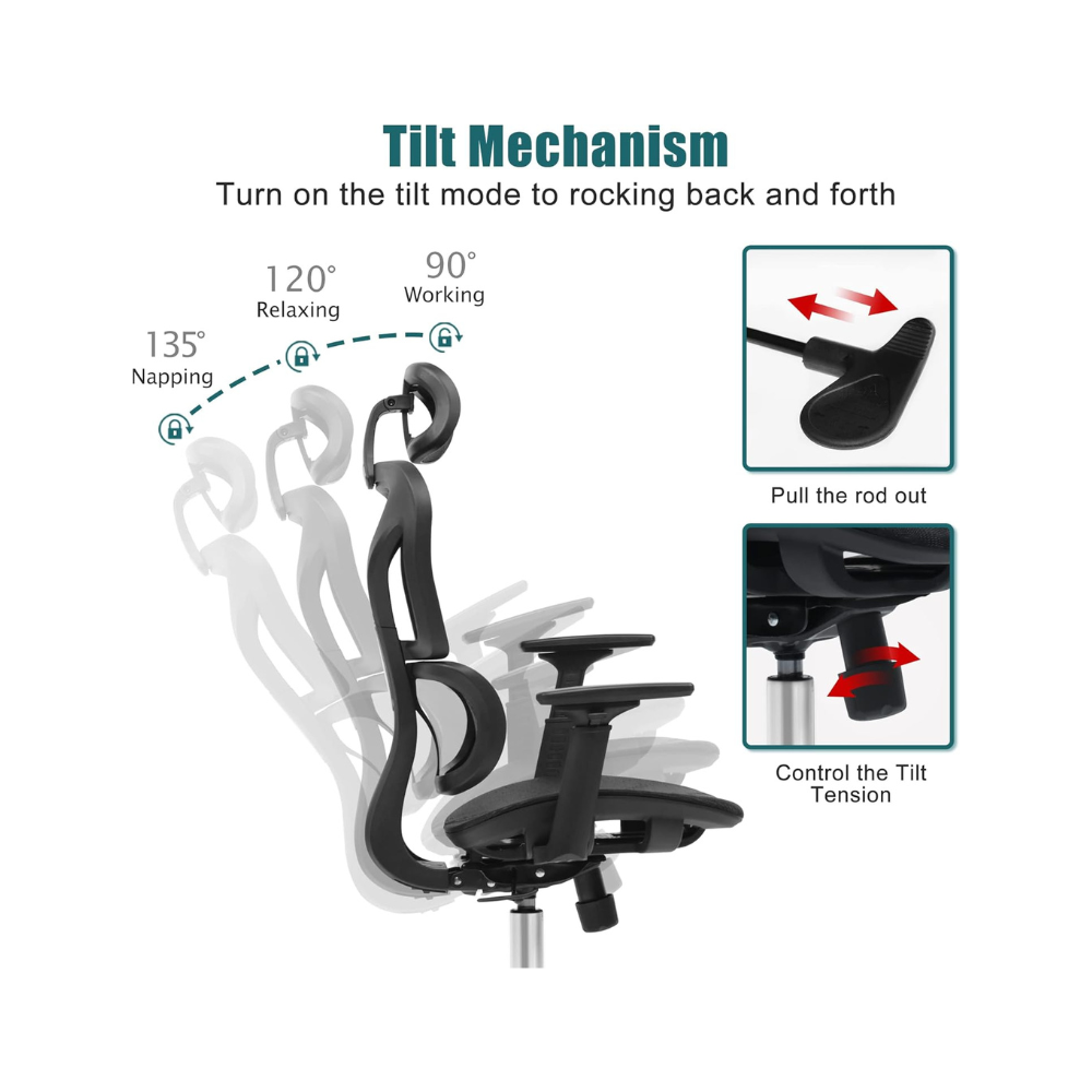 Ergonomic Black Mesh Office Chair with Adjustable Armrests & Lumbar Support – Tilt Function, Breathable Cushion, 1-Year Warranty-GCC Home Center