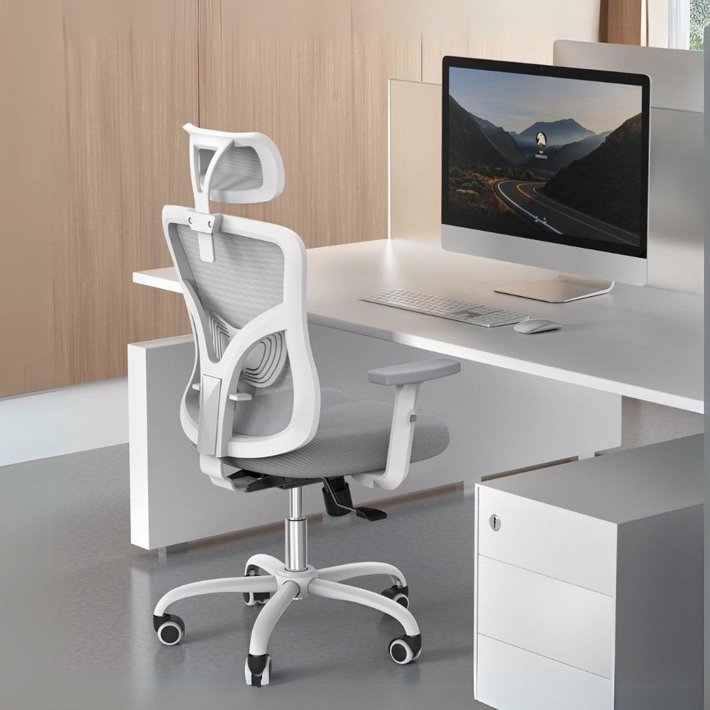 Ergonomic White Office Chair with Adjustable Lumbar Support & Breathable Mesh - Comfortable High-Back Desk Chair for Home & Office-GCC Home Center