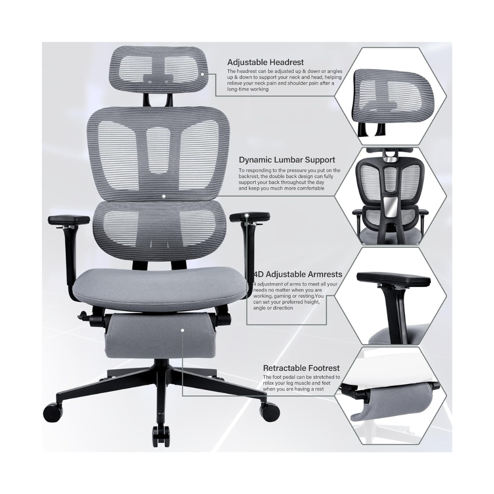 rgonomic Grey Mesh Office Chair with Lumbar Support, 4D Armrests & Adjustable Features - Executive Desk Chair for Home & Office-GCC Home Center