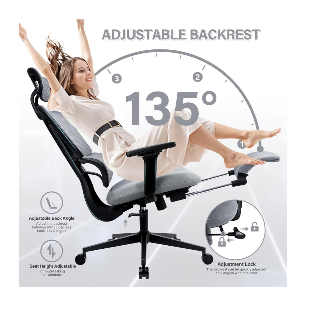 rgonomic Grey Mesh Office Chair with Lumbar Support, 4D Armrests & Adjustable Features - Executive Desk Chair for Home & Office-GCC Home Center