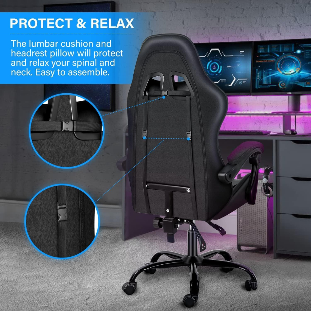 Ergonomic Gaming Chair with Adjustable Backrest & Lumbar Support - Large Leather Racing Chair, Charcoal Metal-GCC Home Center