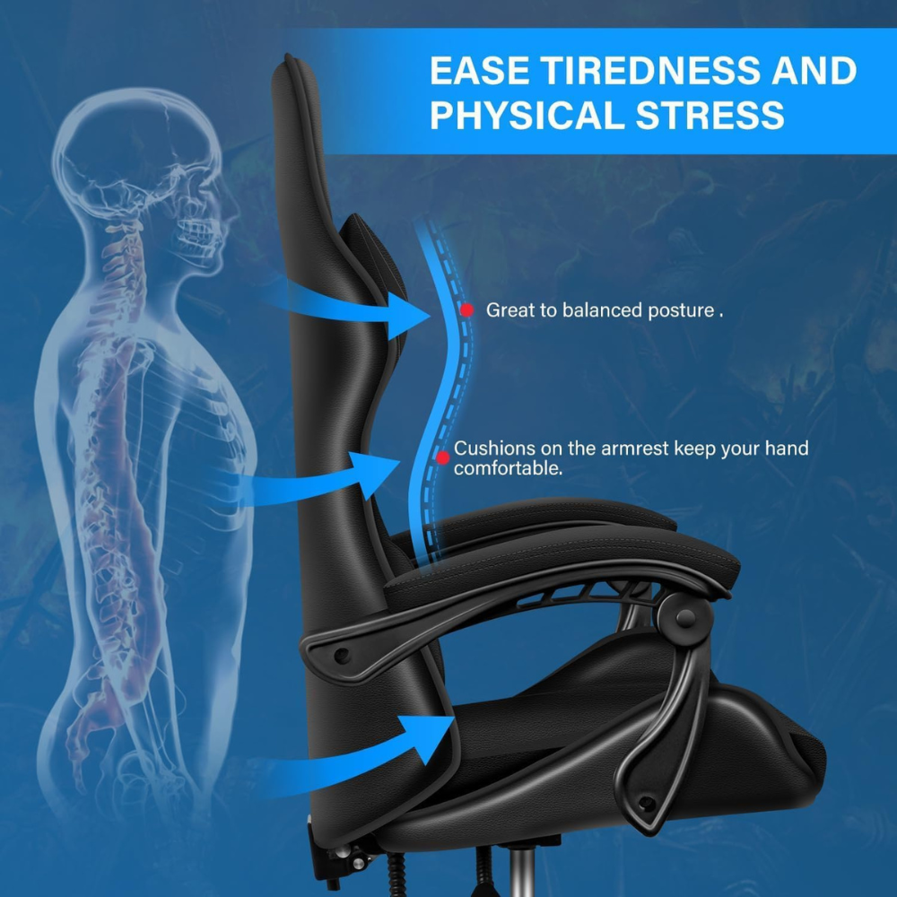 Ergonomic Gaming Chair with Adjustable Backrest & Lumbar Support - Large Leather Racing Chair, Charcoal Metal-GCC Home Center