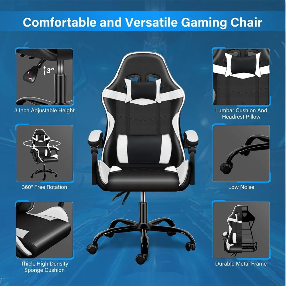 Ergonomic White & Black Gaming Chair with Adjustable Backrest, Lumbar Support, and 360° Swivel - Comfortable PU Leather Racing Chair-GCC Home Center