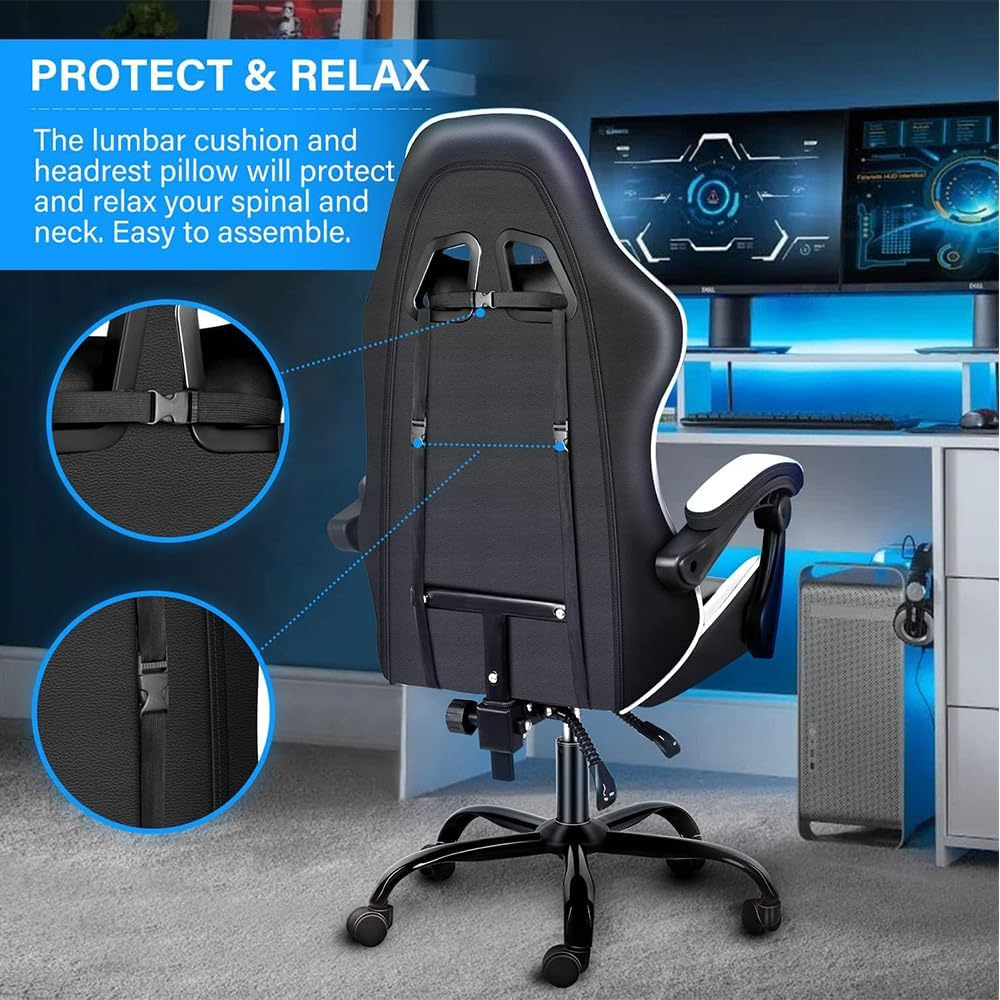 Ergonomic White & Black Gaming Chair with Adjustable Backrest, Lumbar Support, and 360° Swivel - Comfortable PU Leather Racing Chair-GCC Home Center