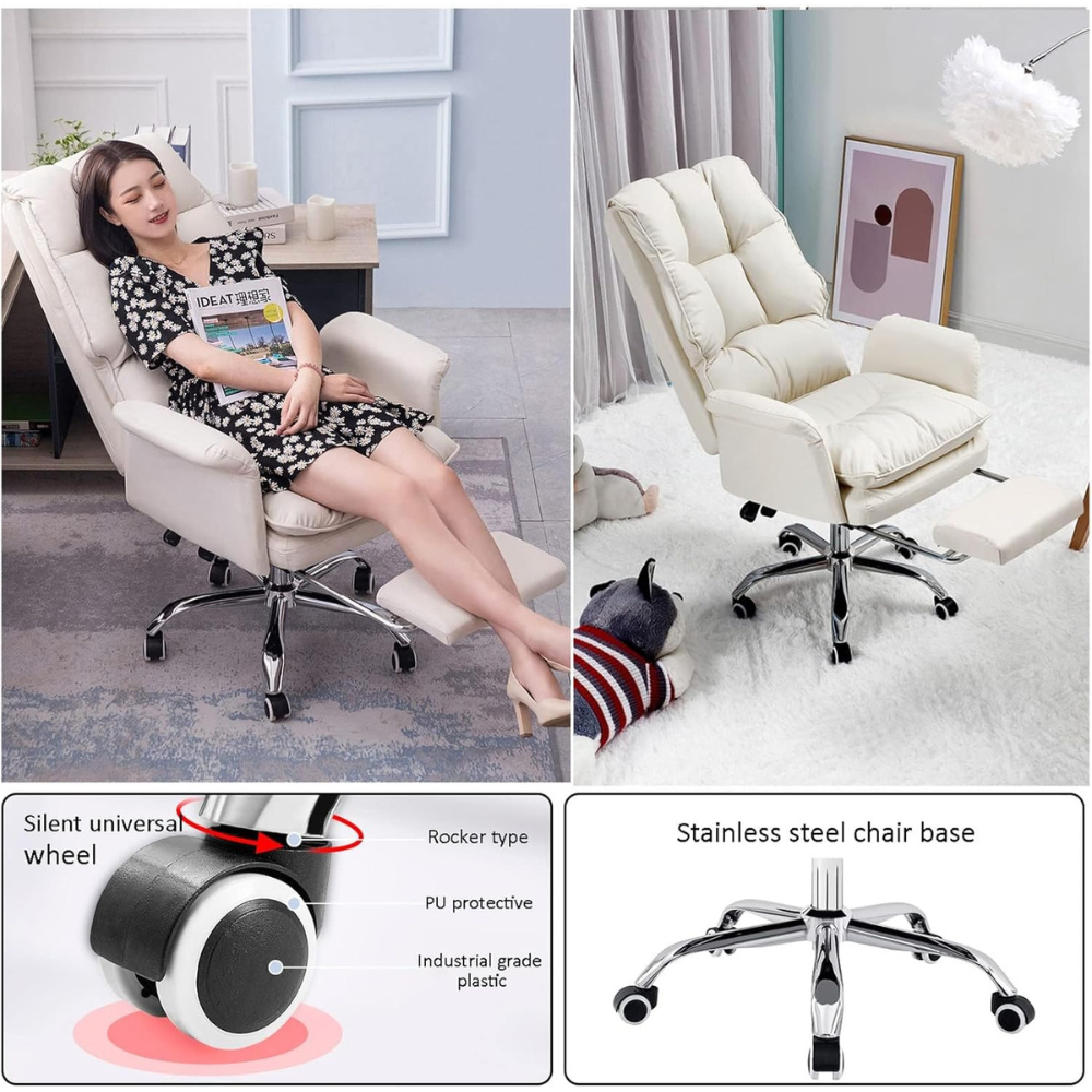 Ergonomic Grey PU Leather Office Chair with Adjustable Recline & Footrest - Comfortable Executive Desk Chair for Home & Office, 400 lbs Capacity-GCC Home Center