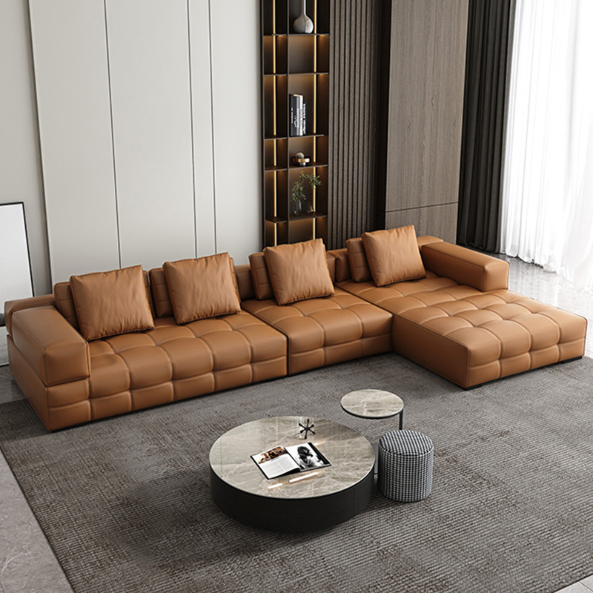 Modern Luxury Four-Seater Sectional Sofa - Microfiber Fabric, Minimalist Design, Customizable for Living Room & Commercial Spaces-GCC Home Center