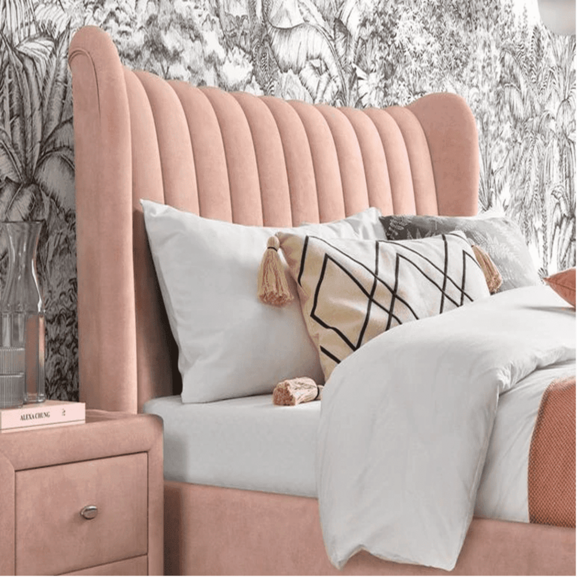 Elegant King Pro-Size Upholstered Bed with Teakwood Frame & Suede Velvet Finish Features & Specifications:-GCC Home Center