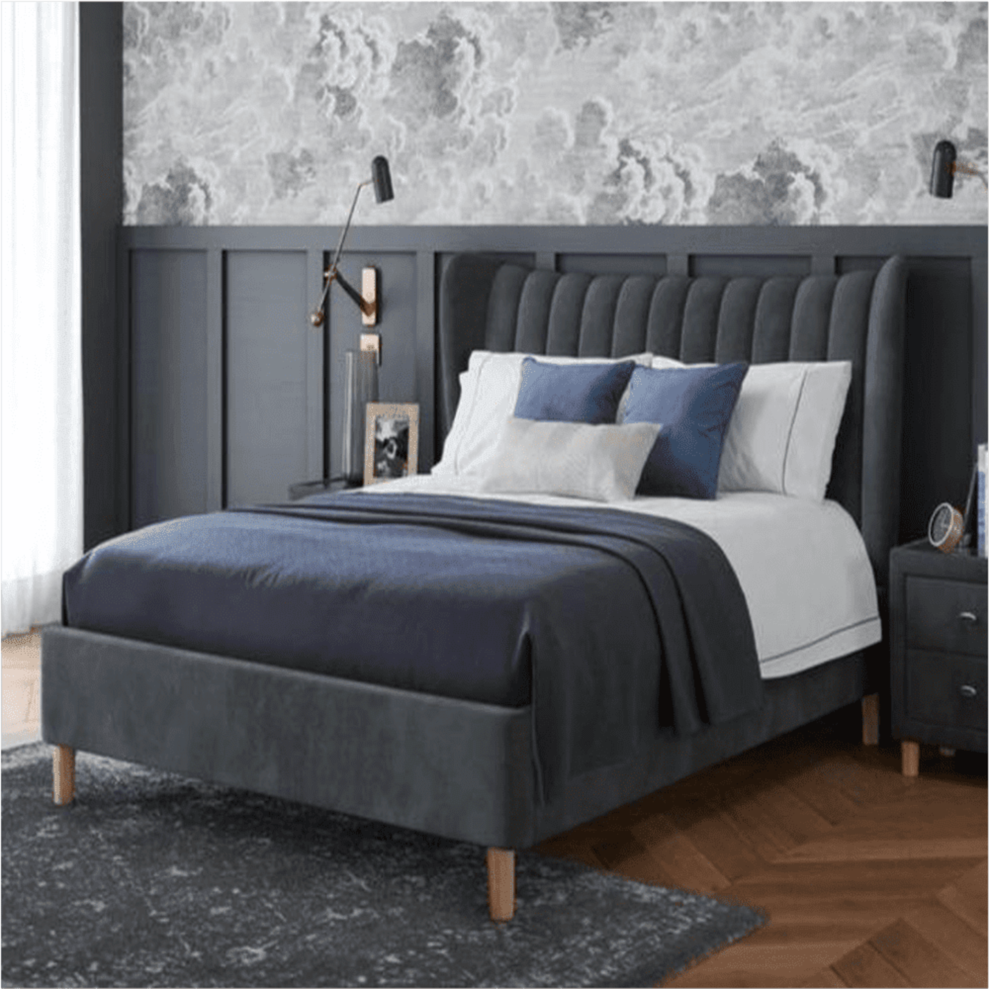 Elegant King-Size Upholstered Teakwood Bed with Customizable Options & Suede Velvet Finish-GCC Home Center