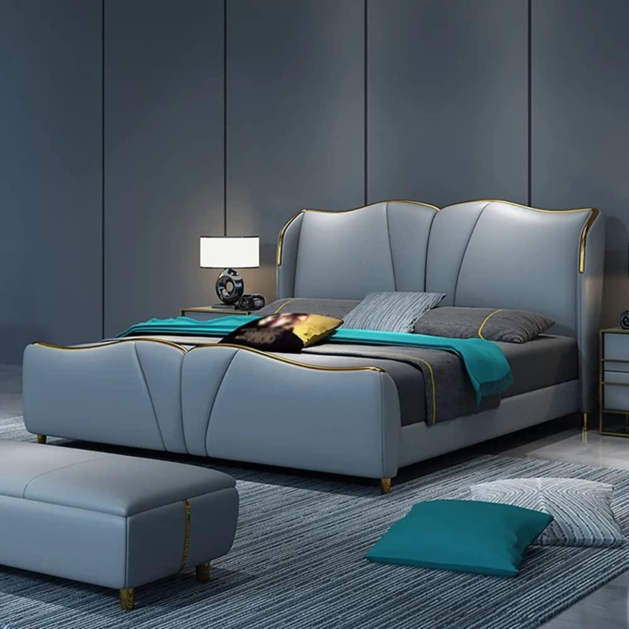 Luxurious King-Size Upholstered Bed with Teakwood Frame and Leatherette Finish-GCC Home Center