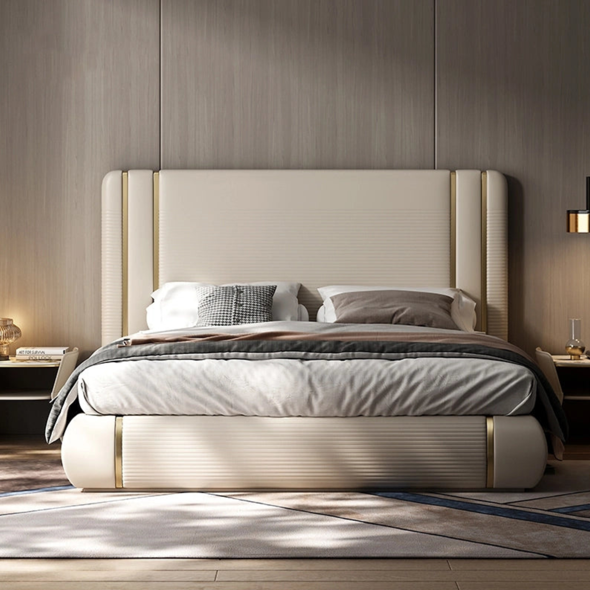 Queen-Size Teakwood & Plywood Bed Frame with Suede Upholstery and Storage Options-GCC Home Center