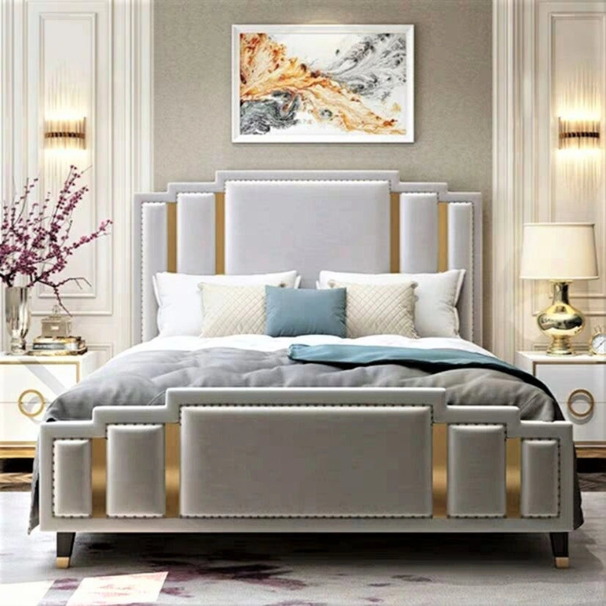 Luxury Queen Bed with Leatherette Headboard, Teakwood Frame & Storage Options-GCC Home Center