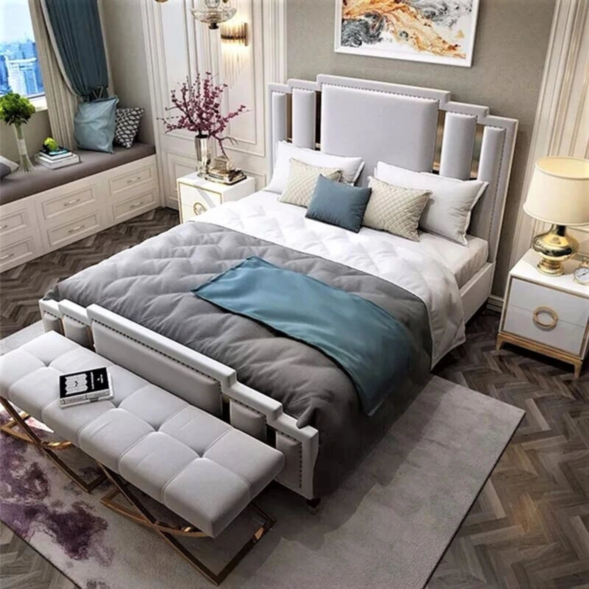 Luxury Queen Bed with Leatherette Headboard, Teakwood Frame & Storage Options-GCC Home Center