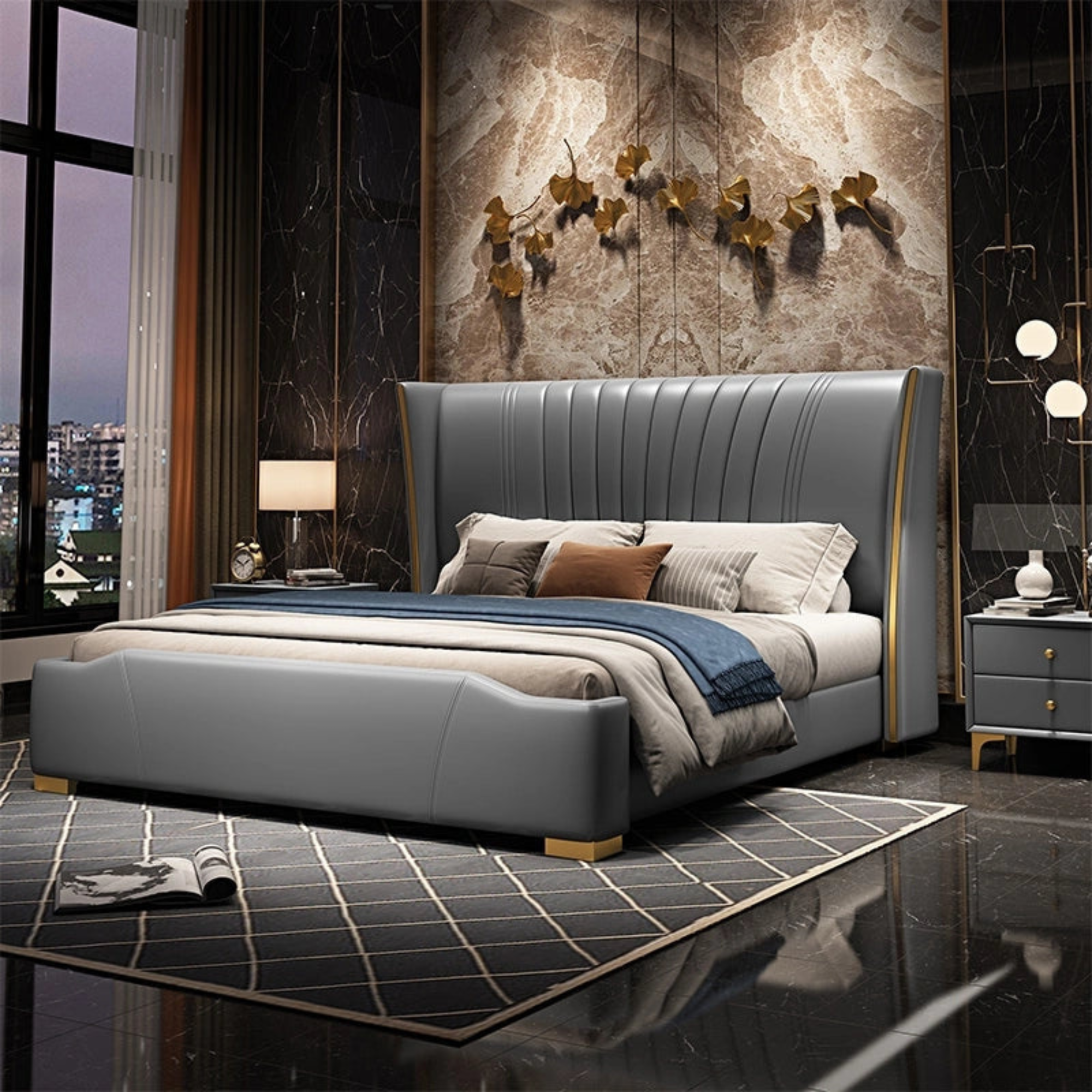 Elegant Queen-Size Teakwood Bed with Leatherette Upholstery and Customizable Storage-GCC Home Center