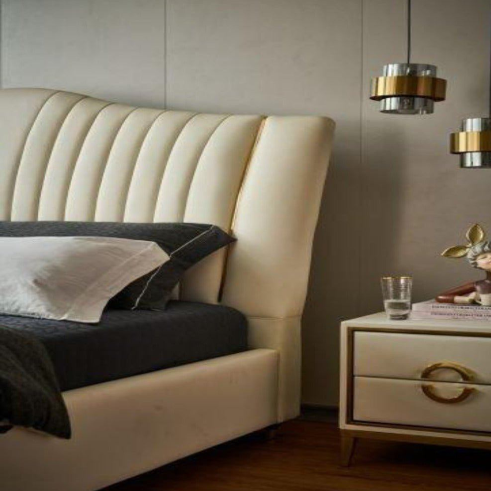 Elegant Queen Bed with Teakwood Frame, Leatherette Upholstery & Customizable Storage-GCC Home Center