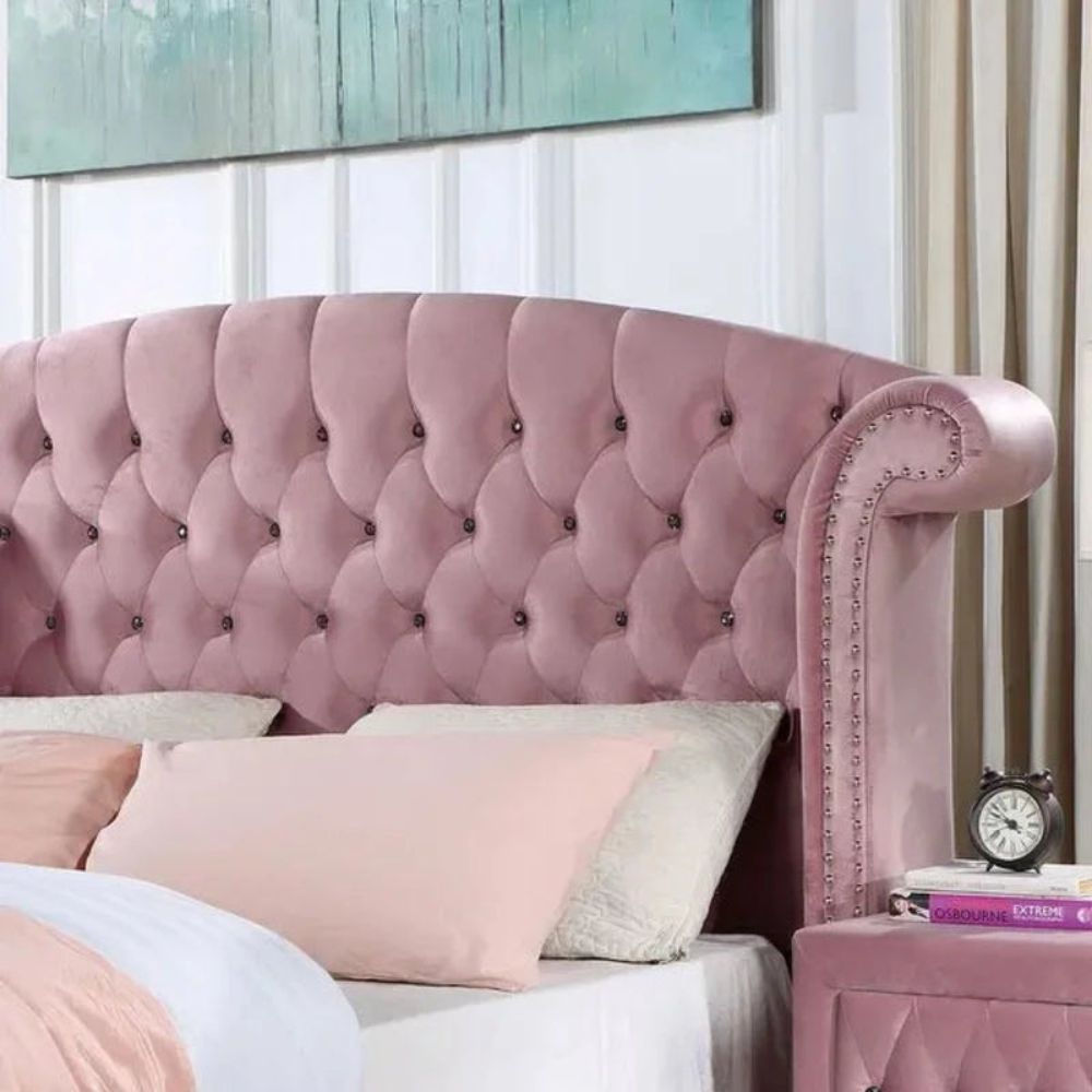 Elegant Queen Size Teakwood Bed with Suede Upholstery & Customizable Storage-GCC Home Center