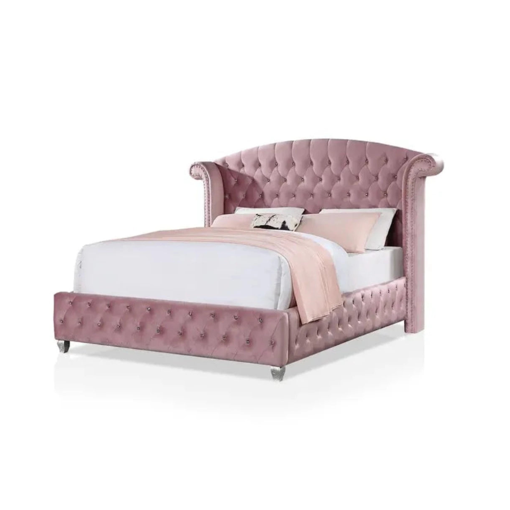 Elegant Queen Size Teakwood Bed with Suede Upholstery & Customizable Storage-GCC Home Center