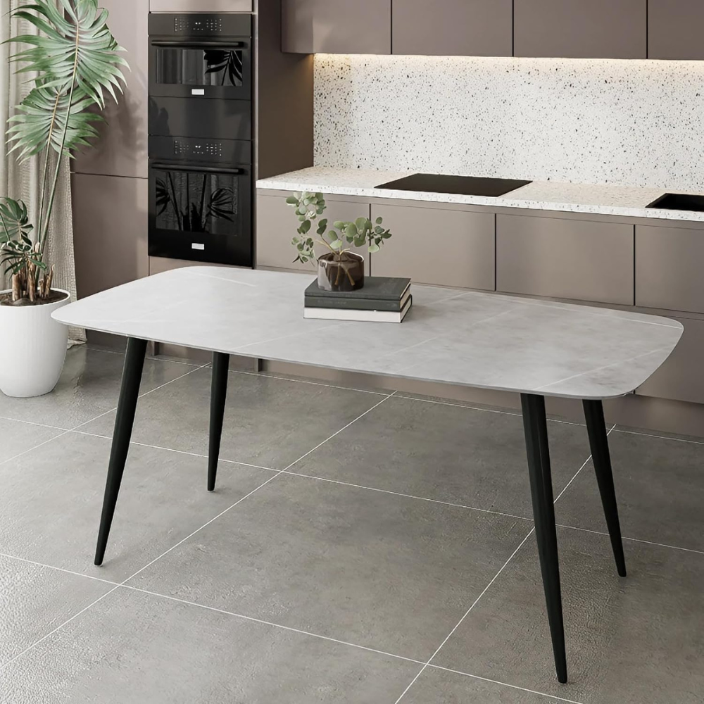 Modern Dining Table with Tempered Glass Top and Sturdy Steel Frame - 140x80x75 cm, Grey-GCC Home Center