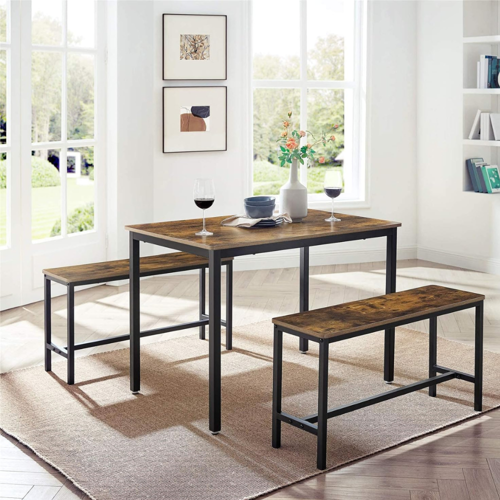 Compact Industrial Dining Table with Benches – 3-Piece Space-Saving Rustic Brown Furniture for Kitchen, Dining, and Living Room-GCC Home Center