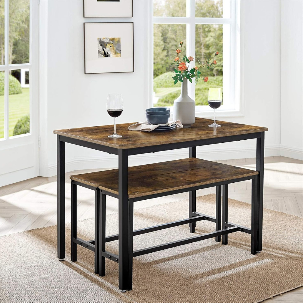 Compact Industrial Dining Table with Benches – 3-Piece Space-Saving Rustic Brown Furniture for Kitchen, Dining, and Living Room-GCC Home Center