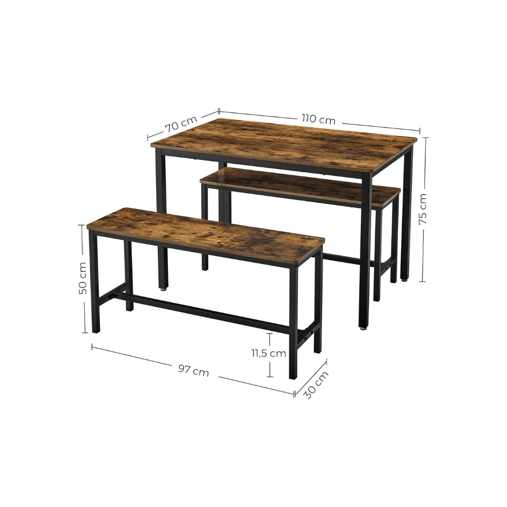 Compact Industrial Dining Table with Benches – 3-Piece Space-Saving Rustic Brown Furniture for Kitchen, Dining, and Living Room-GCC Home Center