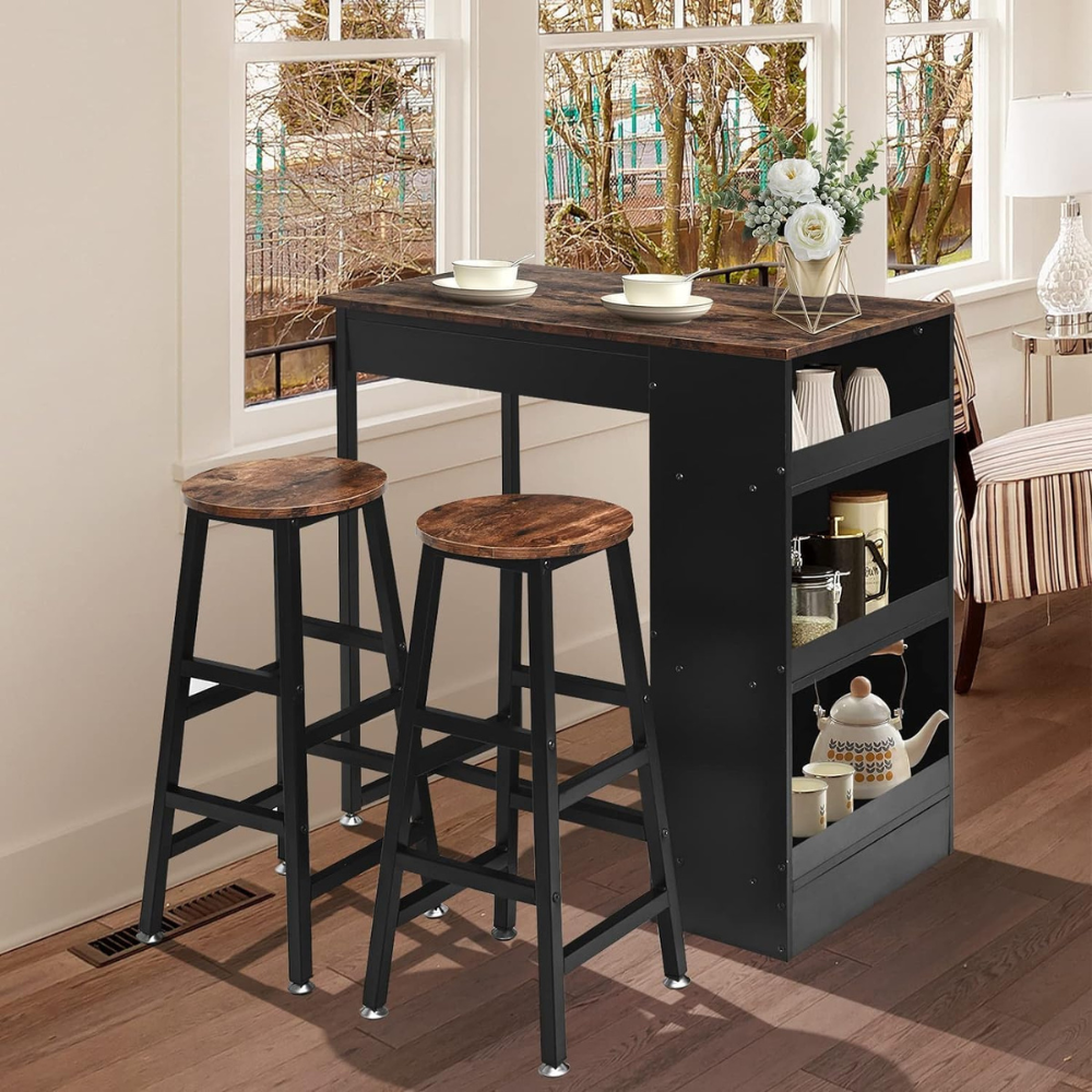 Industrial Style Multifunctional Bar Table with Stools and Storage Shelves – Space-Saving Dining and Kitchen Pub Furniture-GCC Home Center